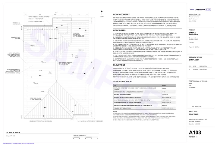 Sample A103 roof plan sheet from a Florida permit plan set
