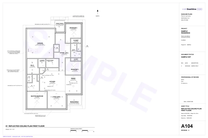 Sample A104 reflected ceiling plan first floor sheet from a Florida permit plan set