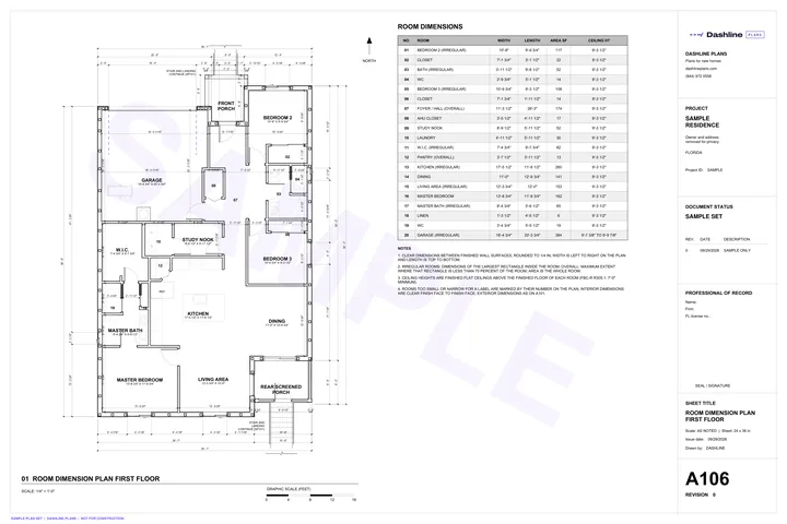 Sample A106 room dimension plan first floor sheet from a Florida permit plan set