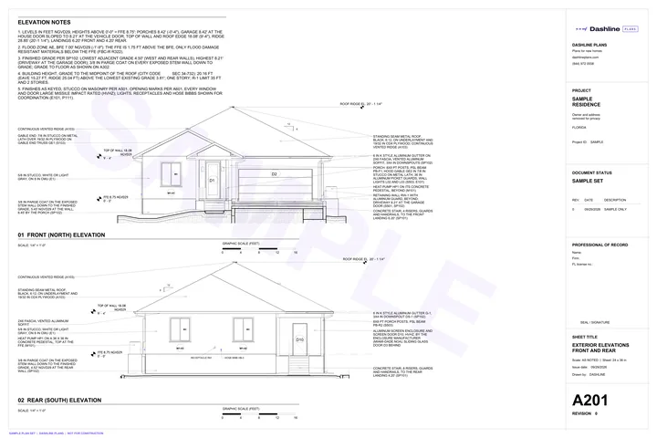 Front and rear exterior elevations from the sample plan set
