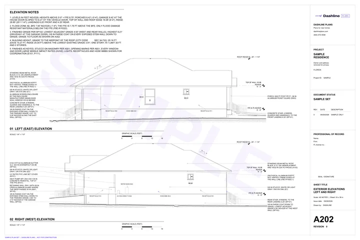 Sample A202 exterior elevations left and right sheet from a Florida permit plan set