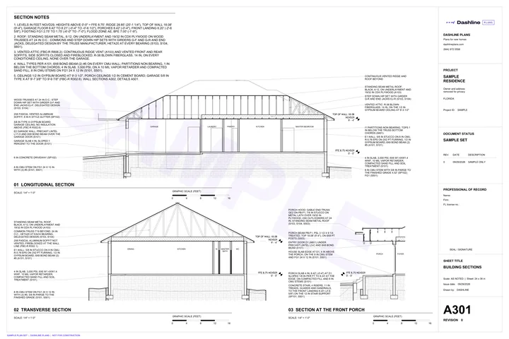 Sample A301 building sections sheet from a Florida permit plan set