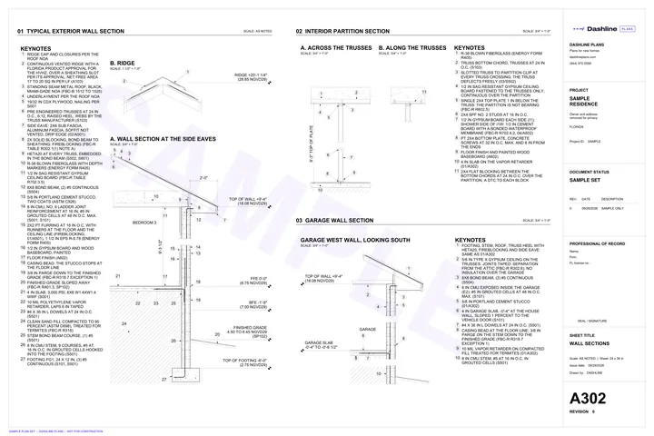 Sample A302 wall sections sheet from a Florida permit plan set