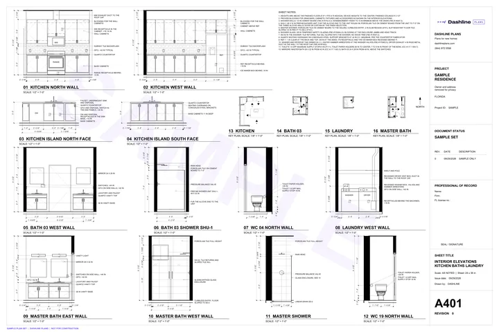 Sample A401 interior elevations kitchen baths laundry sheet from a Florida permit plan set