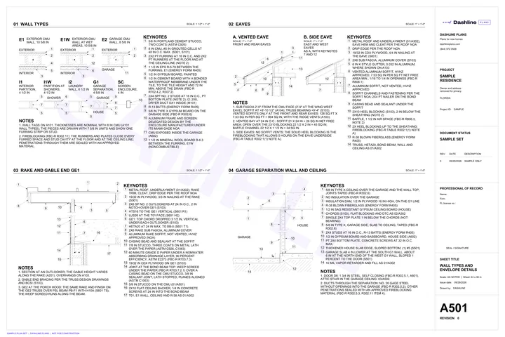 Sample A501 wall types and envelope details sheet from a Florida permit plan set