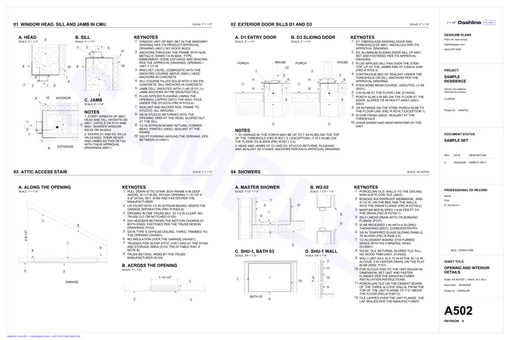 Sample A502 opening and interior details sheet from a Florida permit plan set