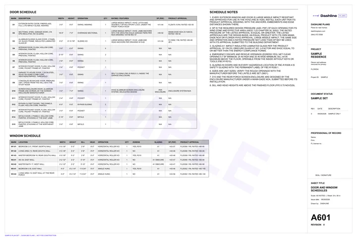 Sample A601 door and window schedules sheet from a Florida permit plan set