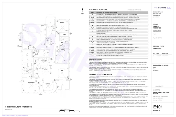 Sample E101 electrical plan first floor sheet from a Florida permit plan set