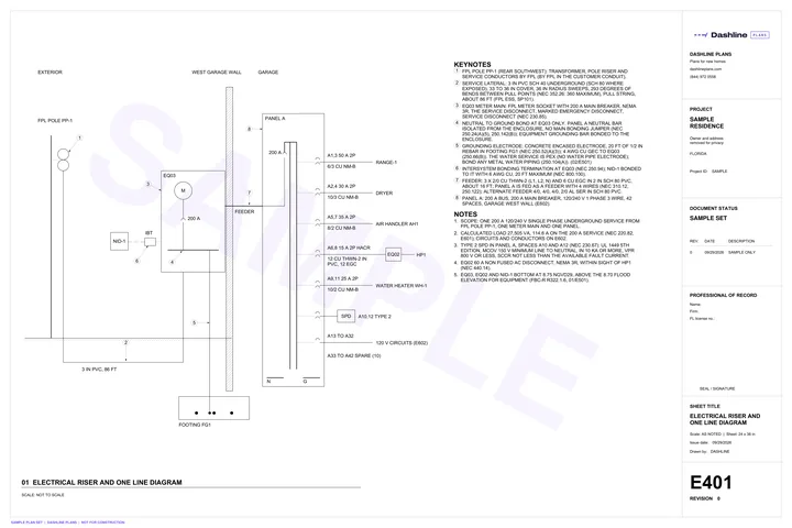 Sample E401 electrical riser and one line diagram sheet from a Florida permit plan set