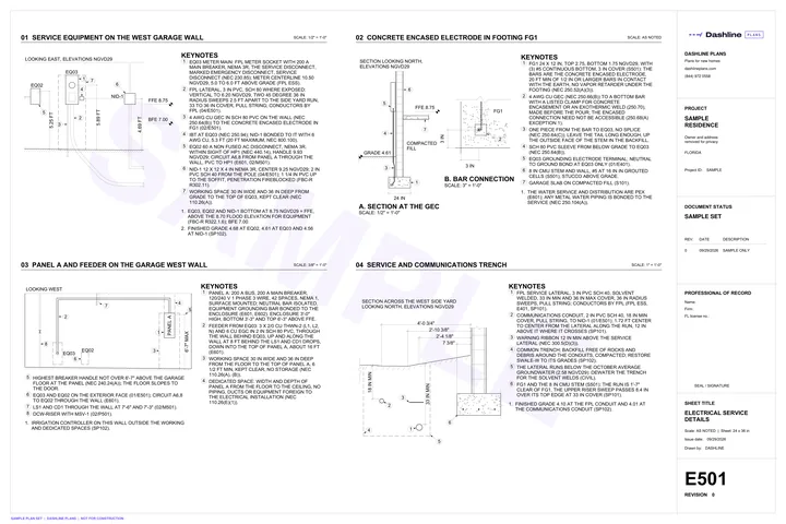 Sample E501 electrical service details sheet from a Florida permit plan set