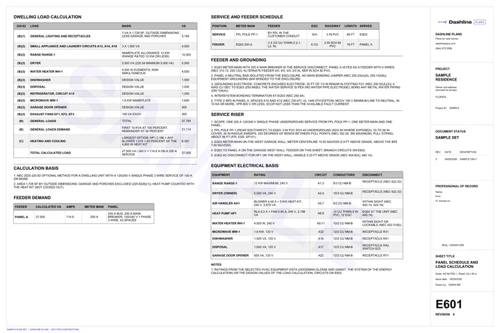 Sample E601 panel schedule and load calculation sheet from a Florida permit plan set