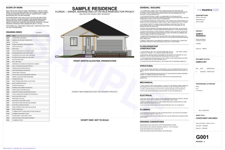 Cover sheet of the sample plan set with the sheet index and a front elevation