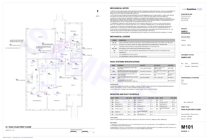 Sample M101 hvac plan first floor sheet from a Florida permit plan set