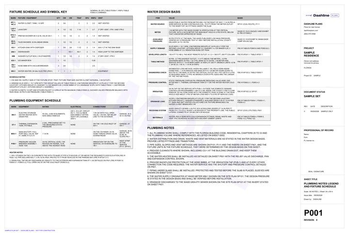Sample P001 plumbing notes legend and fixture schedule sheet from a Florida permit plan set