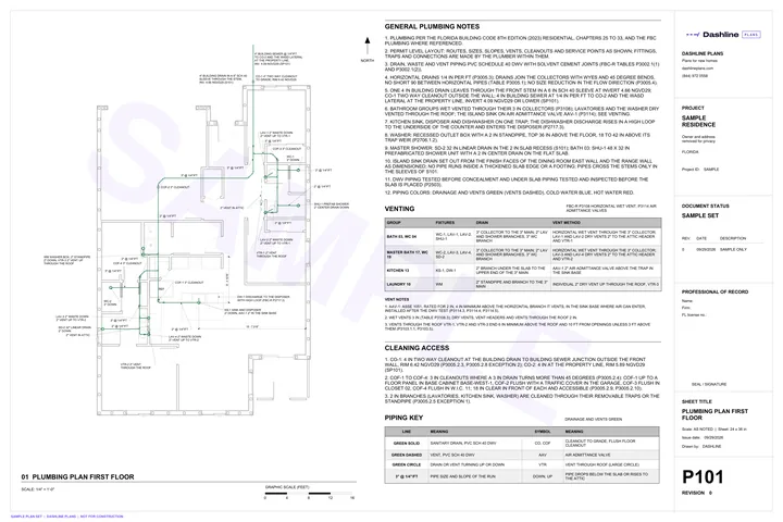 Sample P101 plumbing plan first floor sheet from a Florida permit plan set