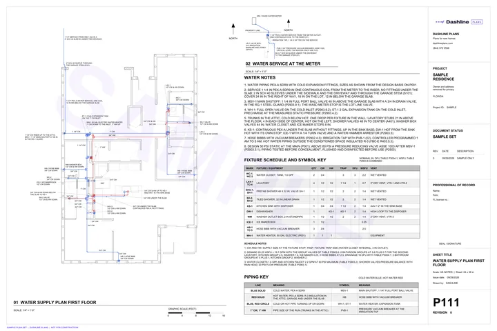 Sample P111 water supply plan first floor sheet from a Florida permit plan set