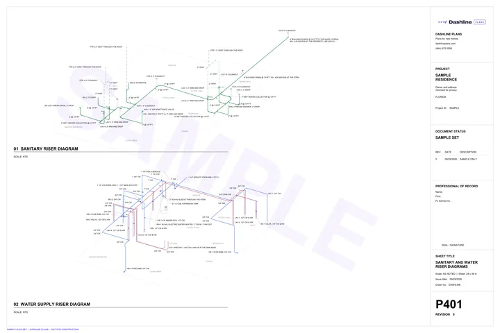 Sample P401 sanitary and water riser diagrams sheet from a Florida permit plan set