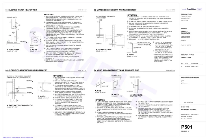 Sample P501 plumbing details sheet from a Florida permit plan set