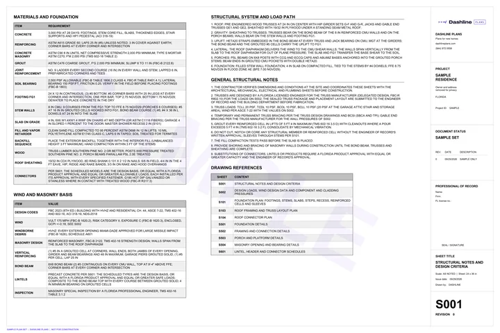 Sample S001 structural notes and design criteria sheet from a Florida permit plan set