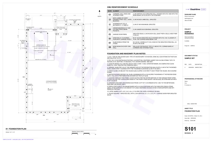 Sample S101 foundation plan sheet from a Florida permit plan set