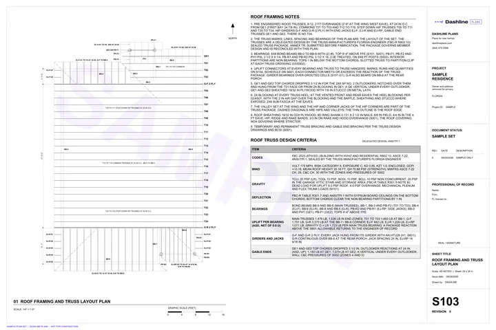 Sample S103 roof framing and truss layout plan sheet from a Florida permit plan set