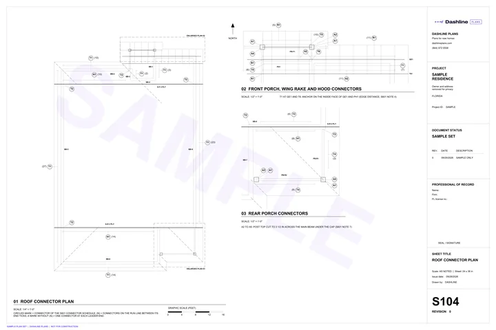 Sample S104 roof connector plan sheet from a Florida permit plan set