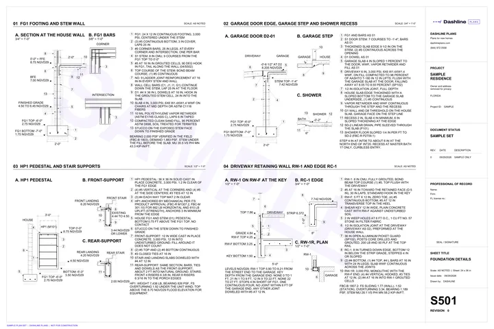 Sample S501 foundation details sheet from a Florida permit plan set