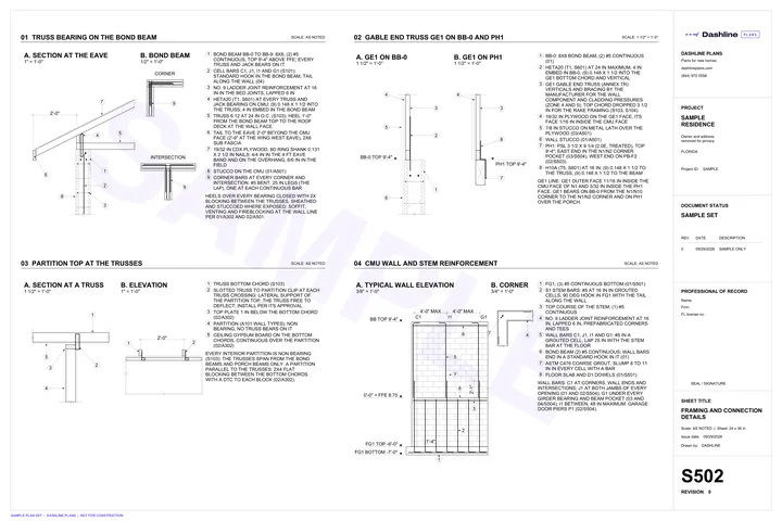Sample S502 framing and connection details sheet from a Florida permit plan set