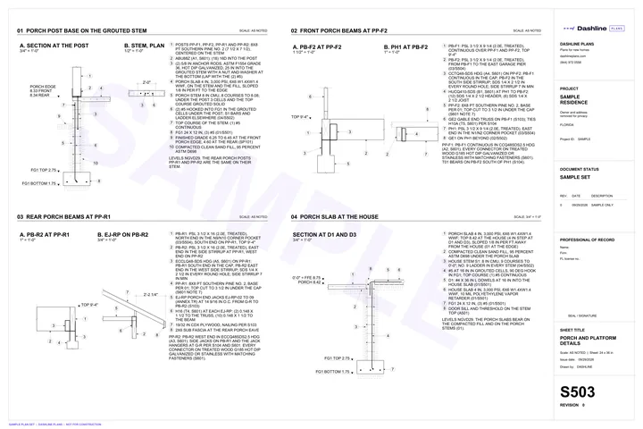 Sample S503 porch and platform details sheet from a Florida permit plan set