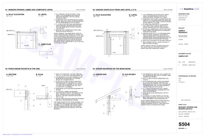 Sample S504 masonry opening and bearing details sheet from a Florida permit plan set
