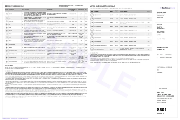 Sample S601 lintel header and connector schedules sheet from a Florida permit plan set