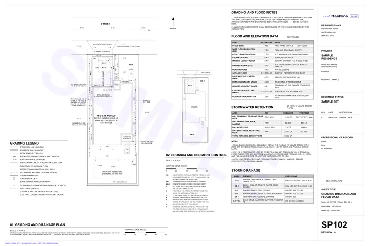 Sample SP102 grading drainage and flood data sheet from a Florida permit plan set